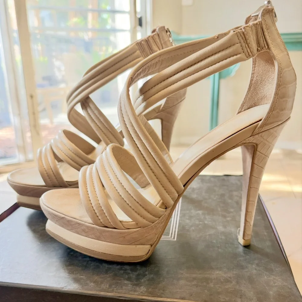 Elegant Taupe Herve Leger Strappy Lamb Heels - Picture 3 of 8